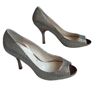Nine West Silver Glitter Peep-Toe 4” Stiletto Heels Pumps‎ Size 9